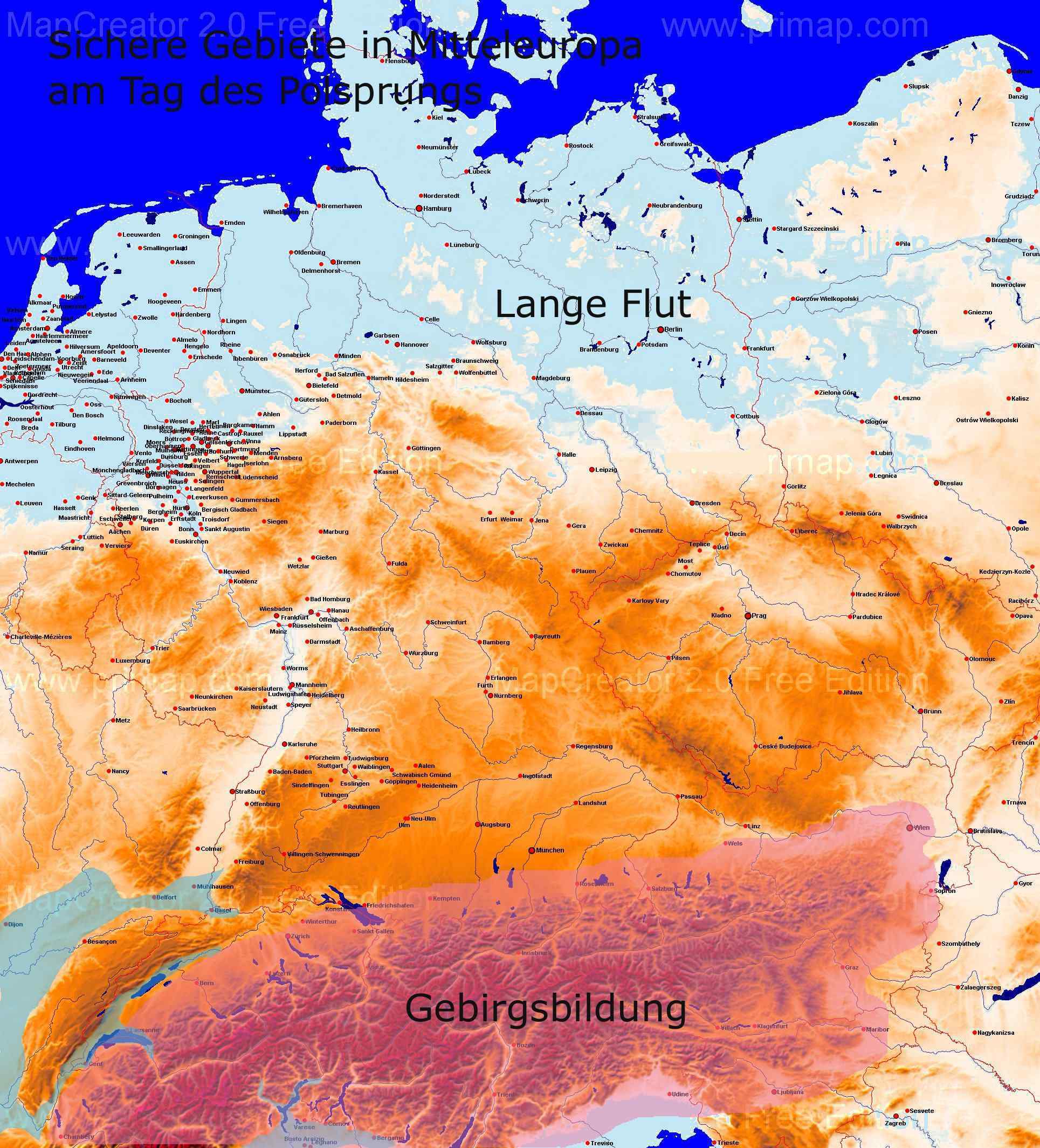 Sichere Gebiete in Mitteleuropa am Tag des Polsprungs